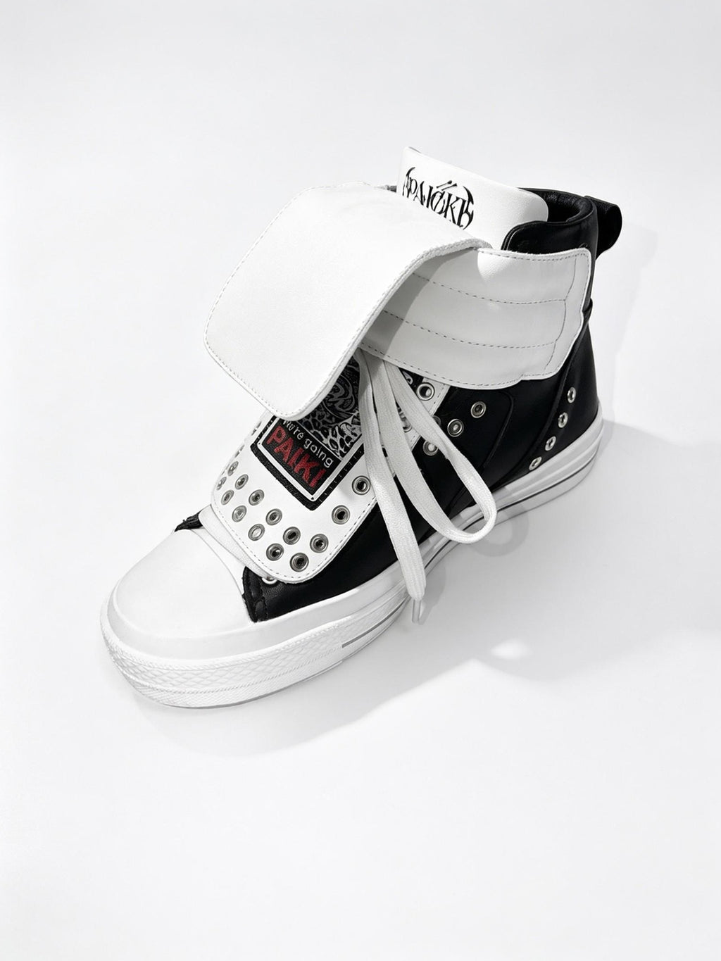 PAIKI Embroidered Patchwork Rivet Color Block Women's Leather High-top Sneakers