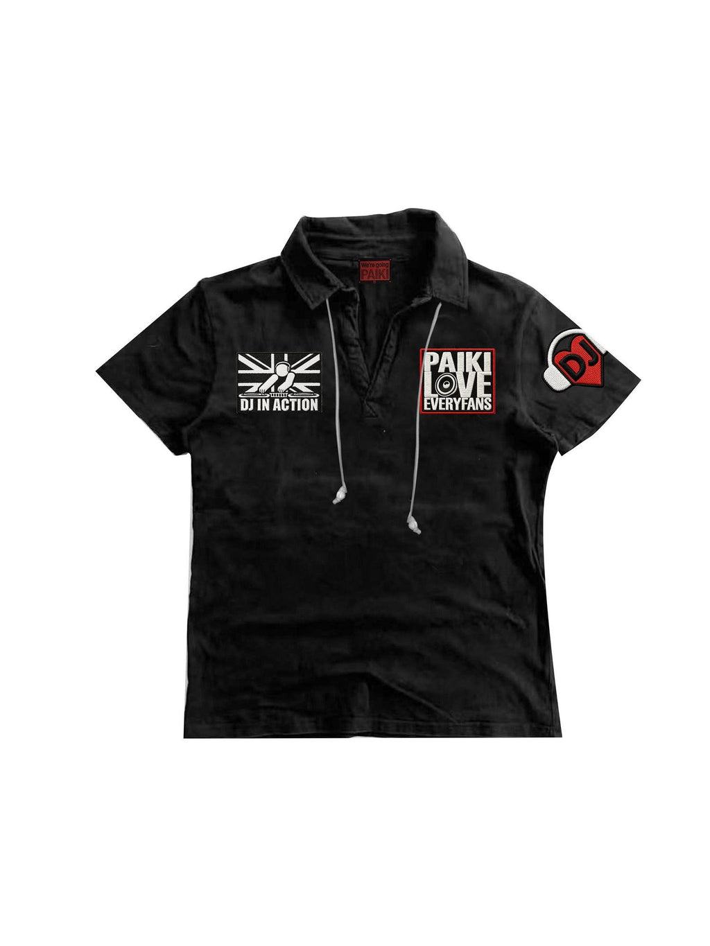 PAIKI Embroidered Pearl Polo Collar Unisex Black Cotton Short Sleeve T-Shirts