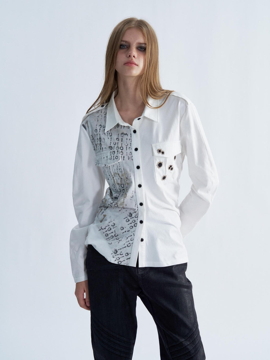 PAIKI Embroidered Punk Abstract Print Slim Fit Cotton Women's Shirts