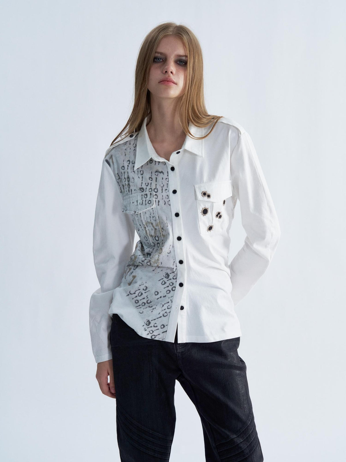 PAIKI Embroidered Punk Abstract Print Slim Fit Cotton Women's Shirts