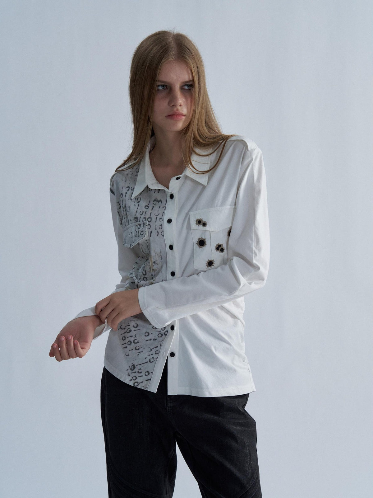 PAIKI Embroidered Punk Abstract Print Slim Fit Cotton Women's Shirts