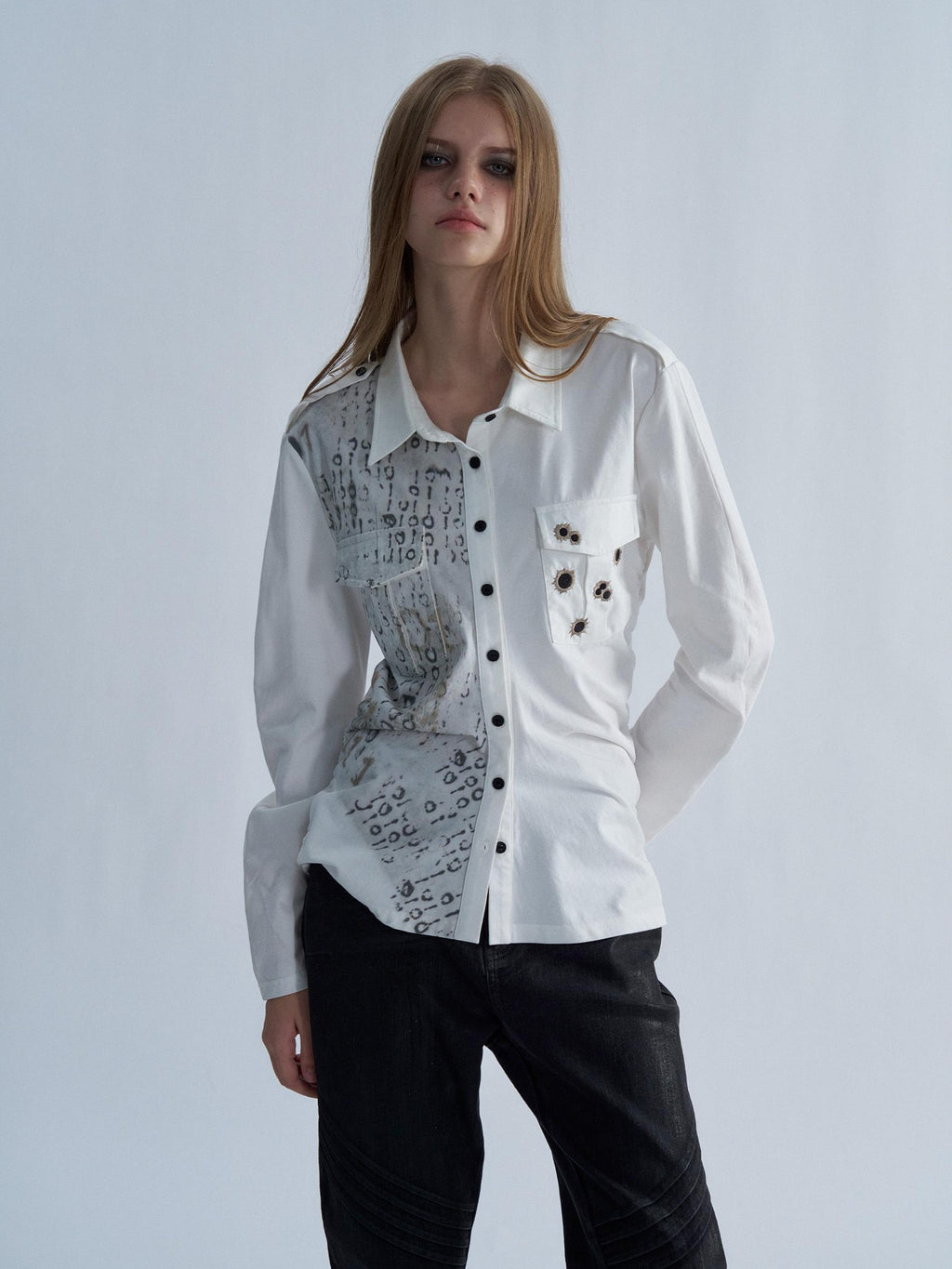 PAIKI Embroidered Punk Abstract Print Slim Fit Cotton Women's Shirts