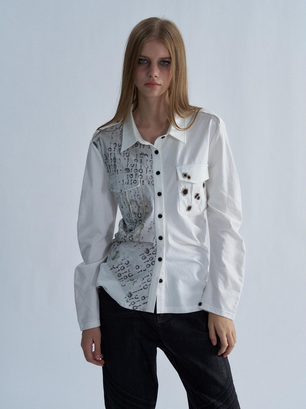 PAIKI Embroidered Punk Abstract Print Slim Fit Cotton Women's Shirts