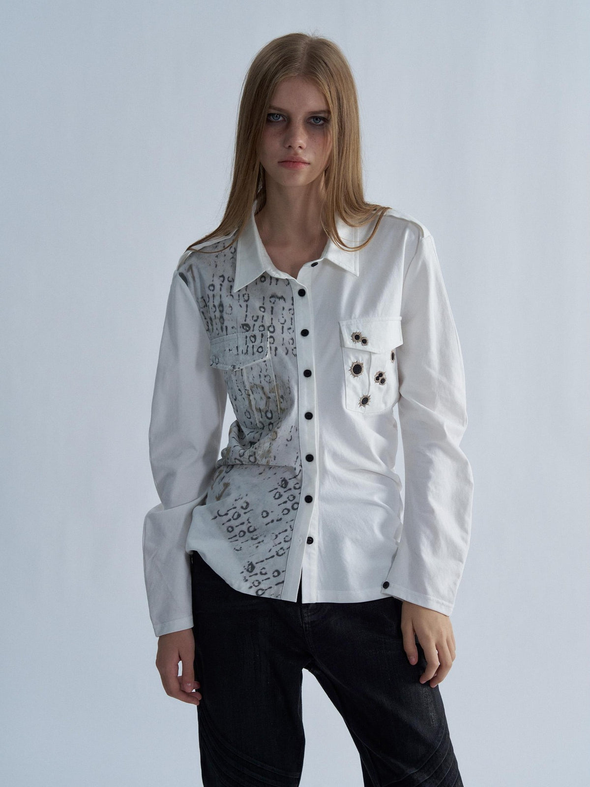 PAIKI Embroidered Punk Abstract Print Slim Fit Cotton Women's Shirts