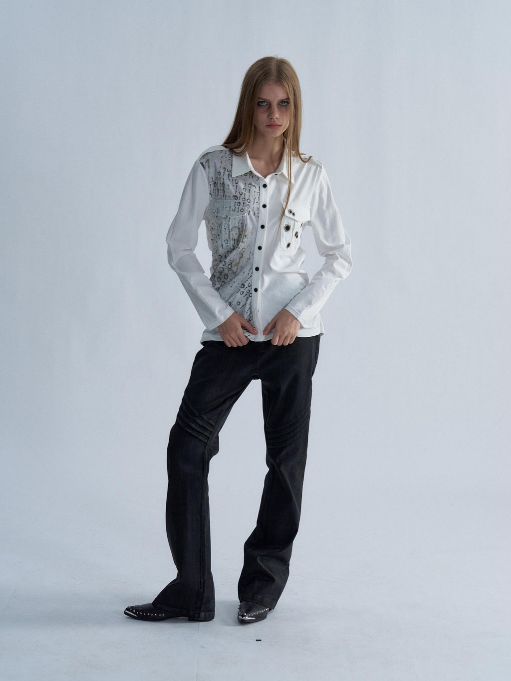 PAIKI Embroidered Punk Abstract Print Slim Fit Cotton Women's Shirts