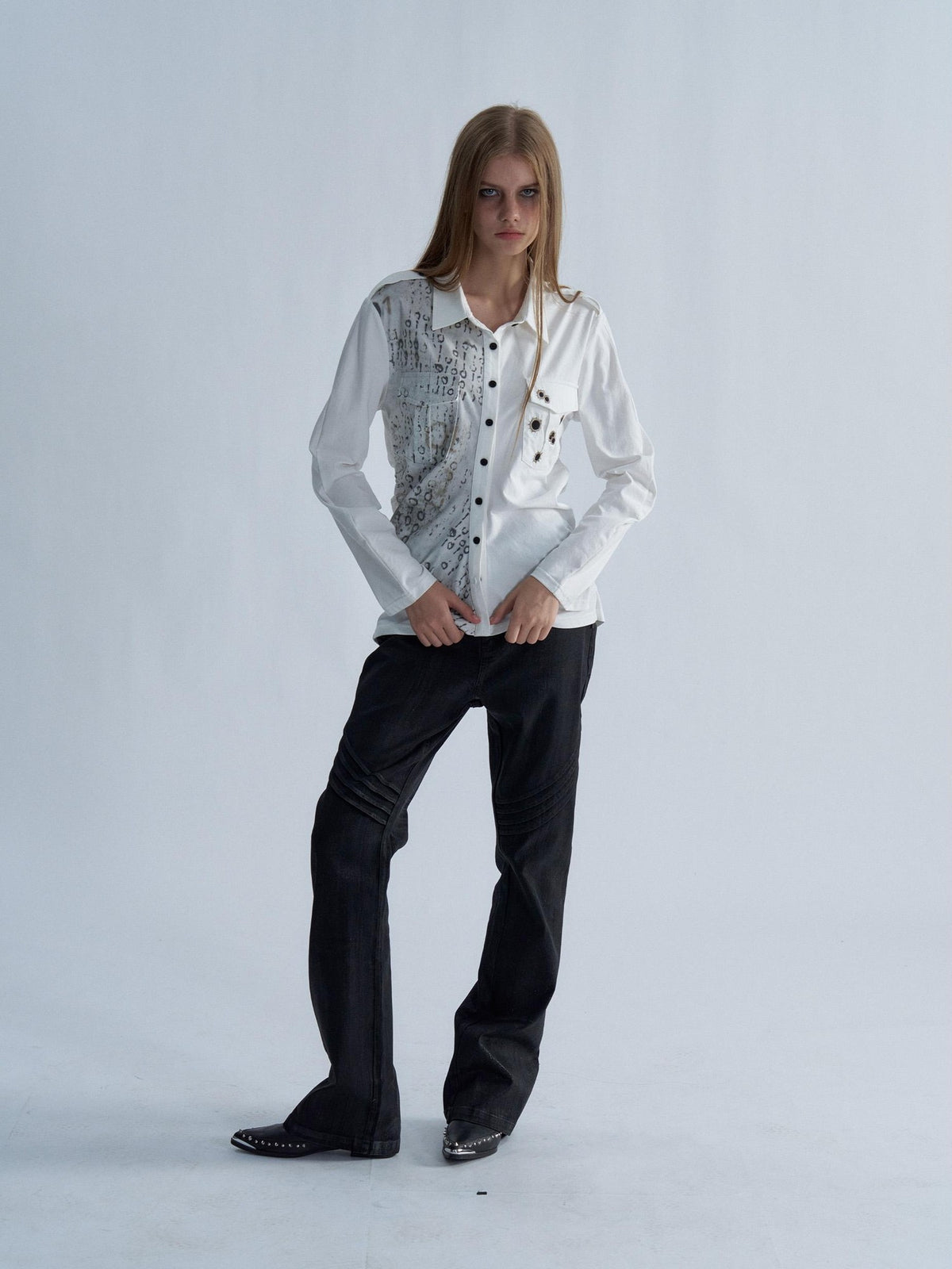 PAIKI Embroidered Punk Abstract Print Slim Fit Cotton Women's Shirts