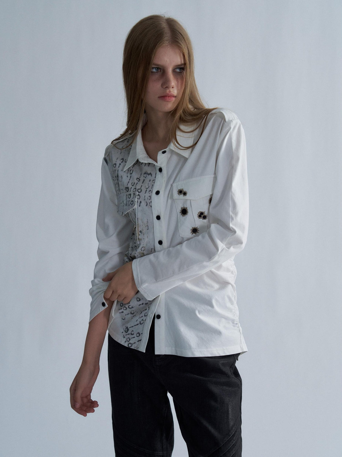 PAIKI Embroidered Punk Abstract Print Slim Fit Cotton Women's Shirts