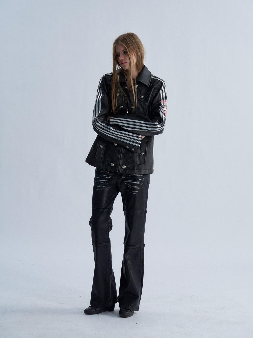 PAIKI Embroidered Striped Court Color Block Slim Fit Women's Pu Leather Jackets