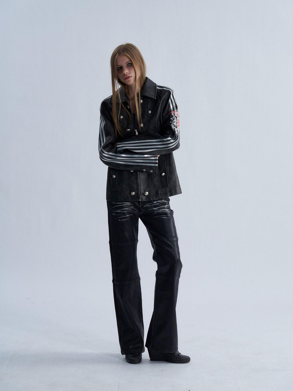PAIKI Embroidered Striped Court Color Block Slim Fit Women's Pu Leather Jackets