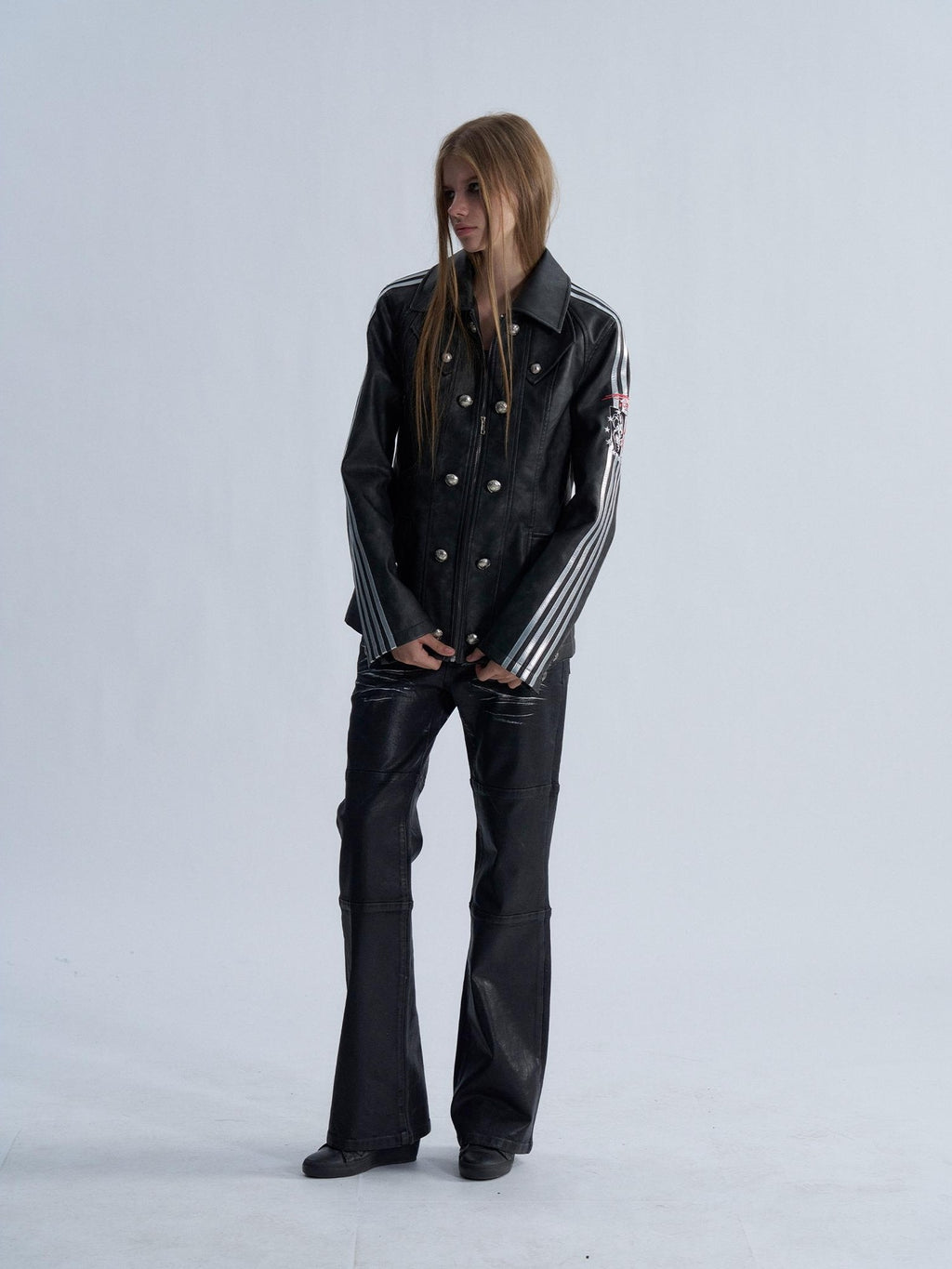 PAIKI Embroidered Striped Court Color Block Slim Fit Women's Pu Leather Jackets