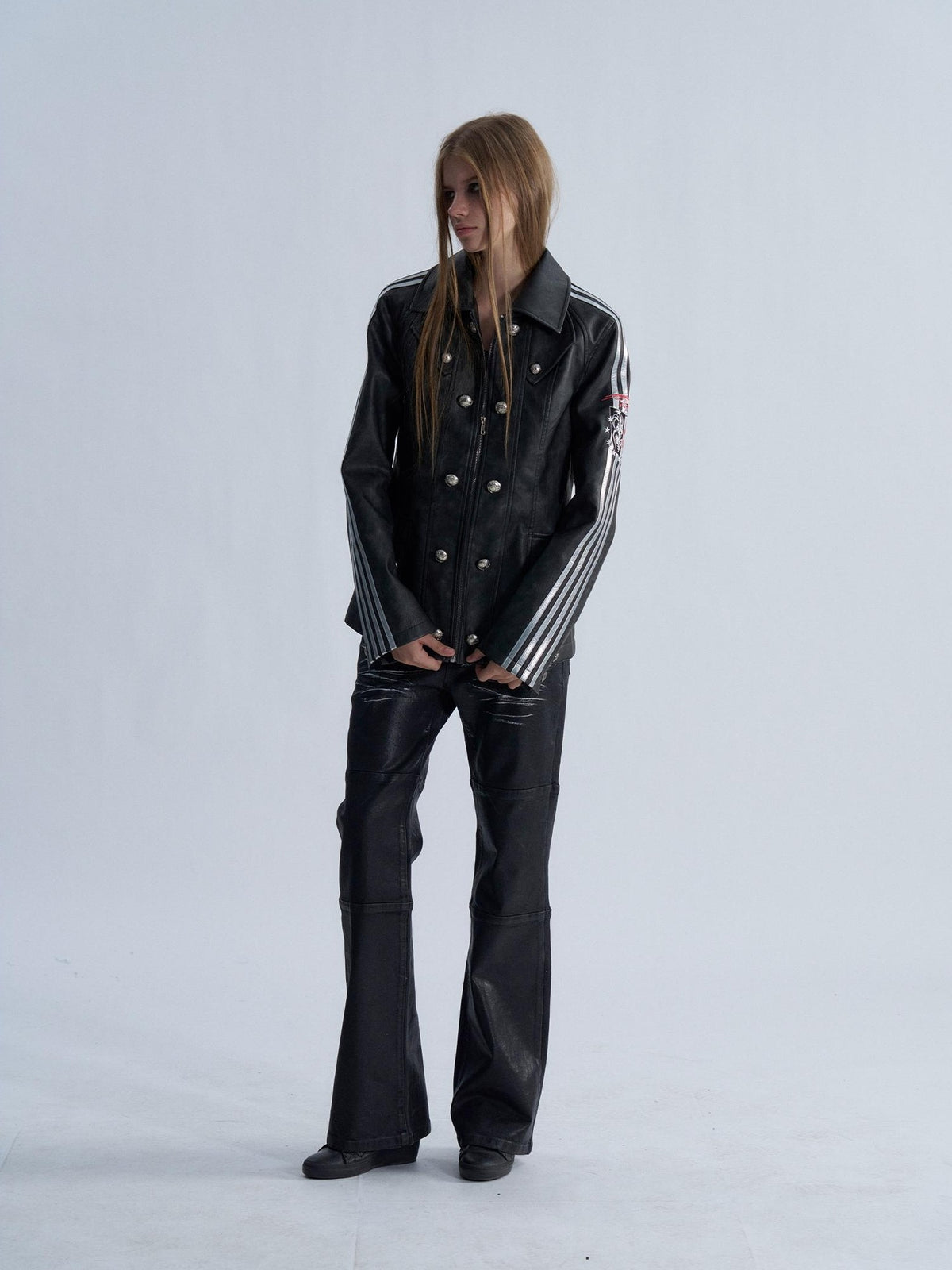 PAIKI Embroidered Striped Court Color Block Slim Fit Women's Pu Leather Jackets