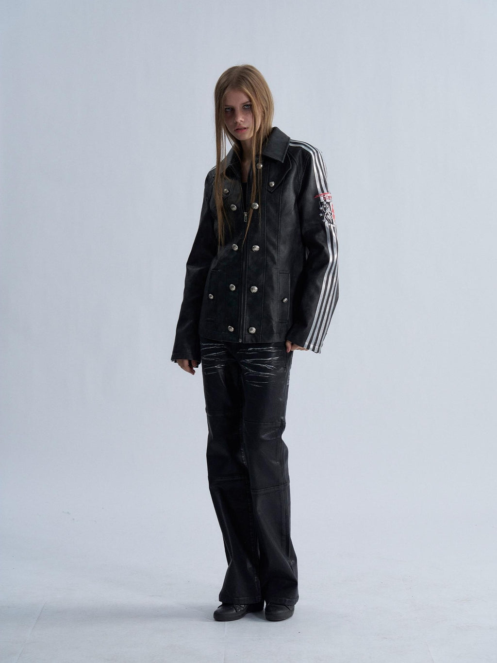 PAIKI Embroidered Striped Court Color Block Slim Fit Women's Pu Leather Jackets