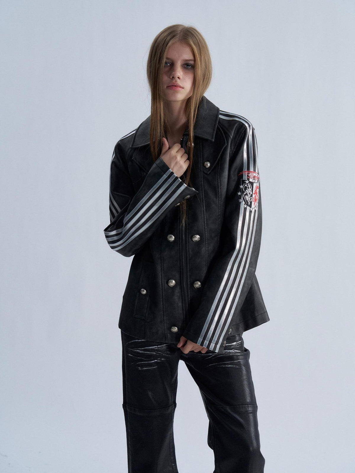PAIKI Embroidered Striped Court Color Block Slim Fit Women's Pu Leather Jackets