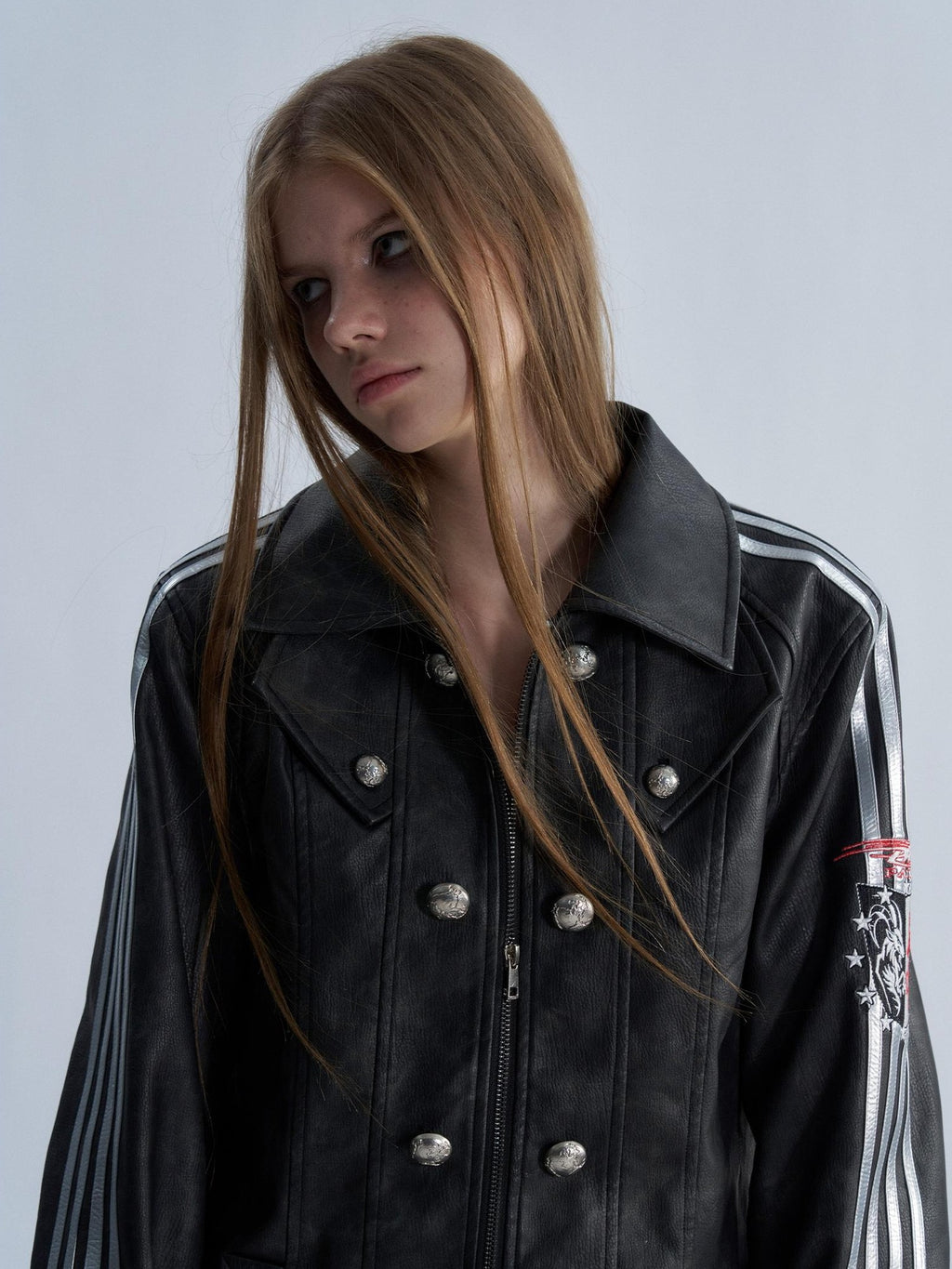 PAIKI Embroidered Striped Court Color Block Slim Fit Women's Pu Leather Jackets