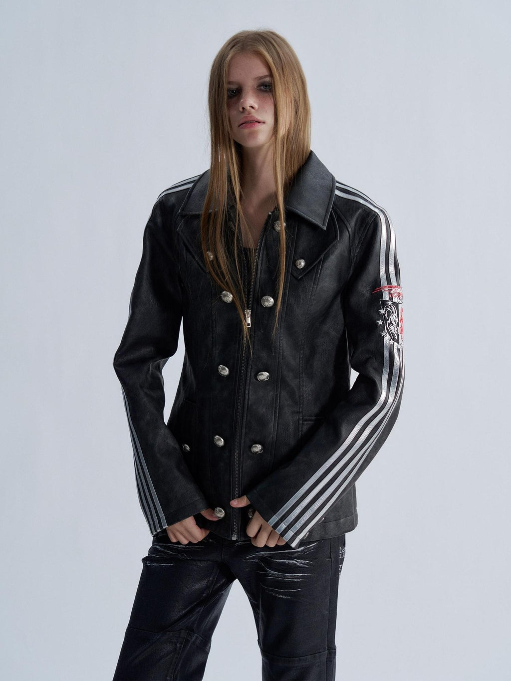 PAIKI Embroidered Striped Court Color Block Slim Fit Women's Pu Leather Jackets