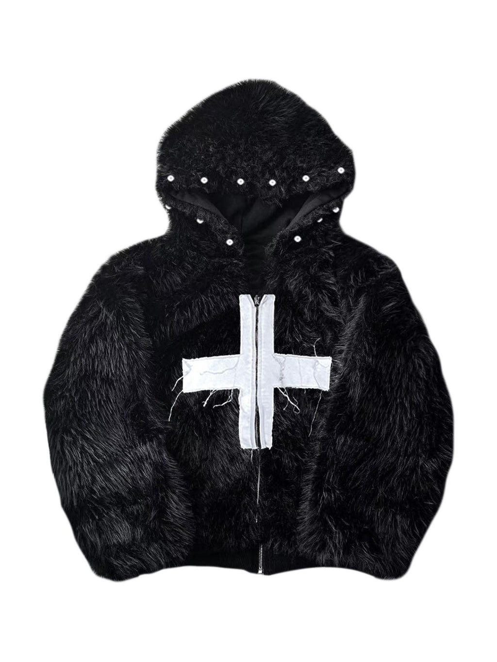 PAIKI Extra Warm Hooded Mink Trim Loose Fit Office Zip Black Cotton Puffer Jackets