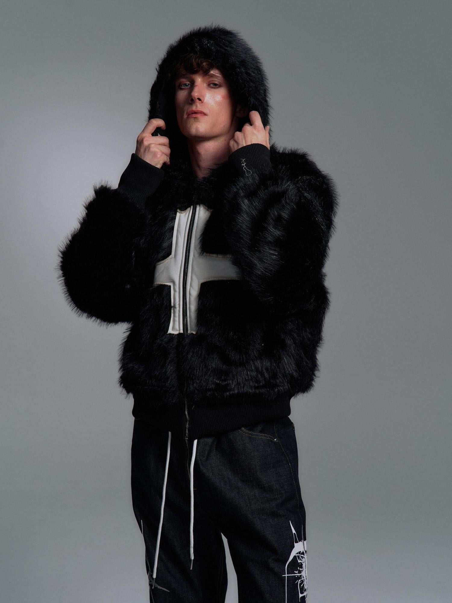 PAIKI Extra Warm Hooded Mink Trim Loose Fit Office Zip Black Cotton Puffer Jackets