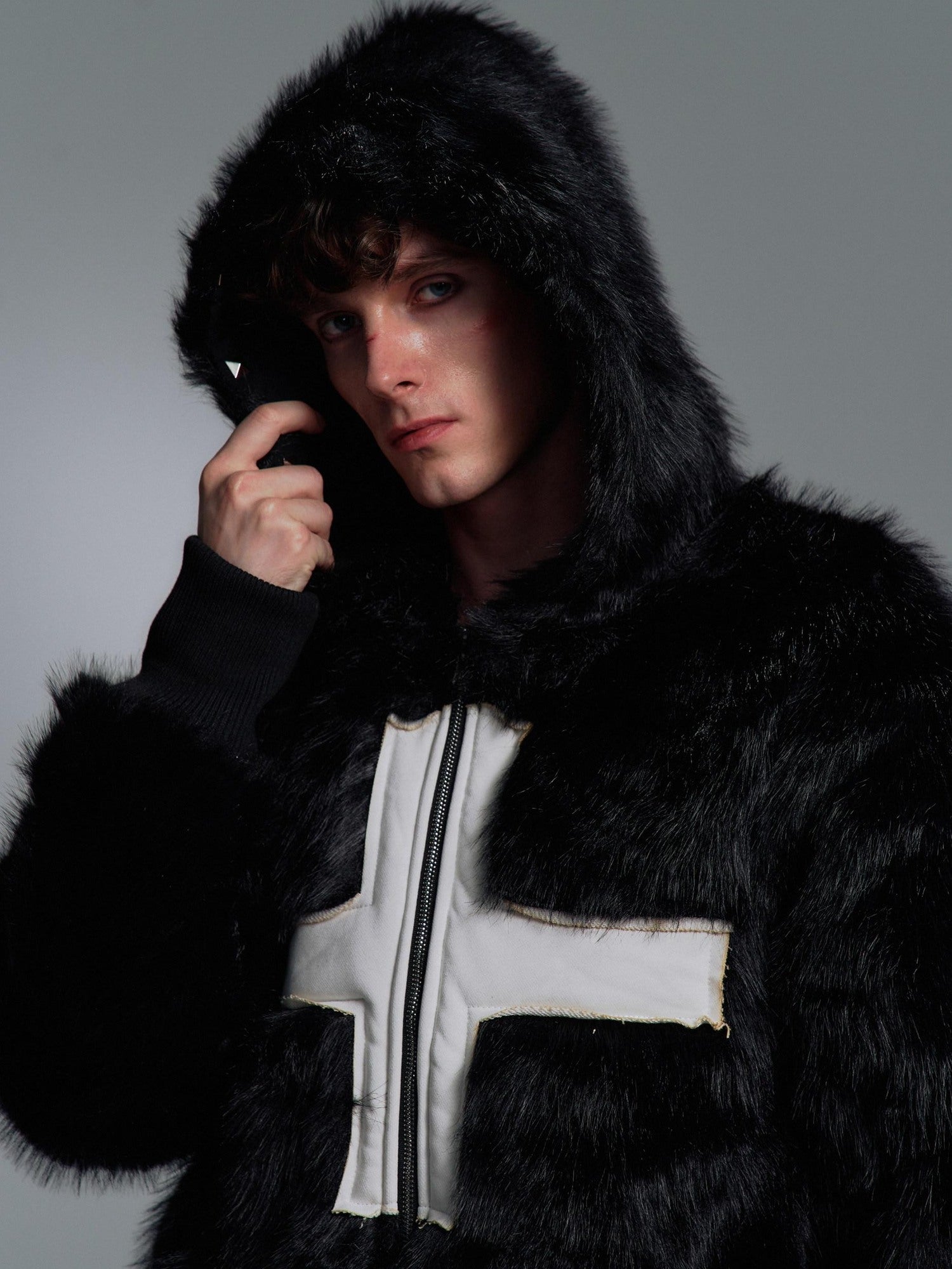 PAIKI Extra Warm Hooded Mink Trim Loose Fit Office Zip Black Cotton Puffer Jackets