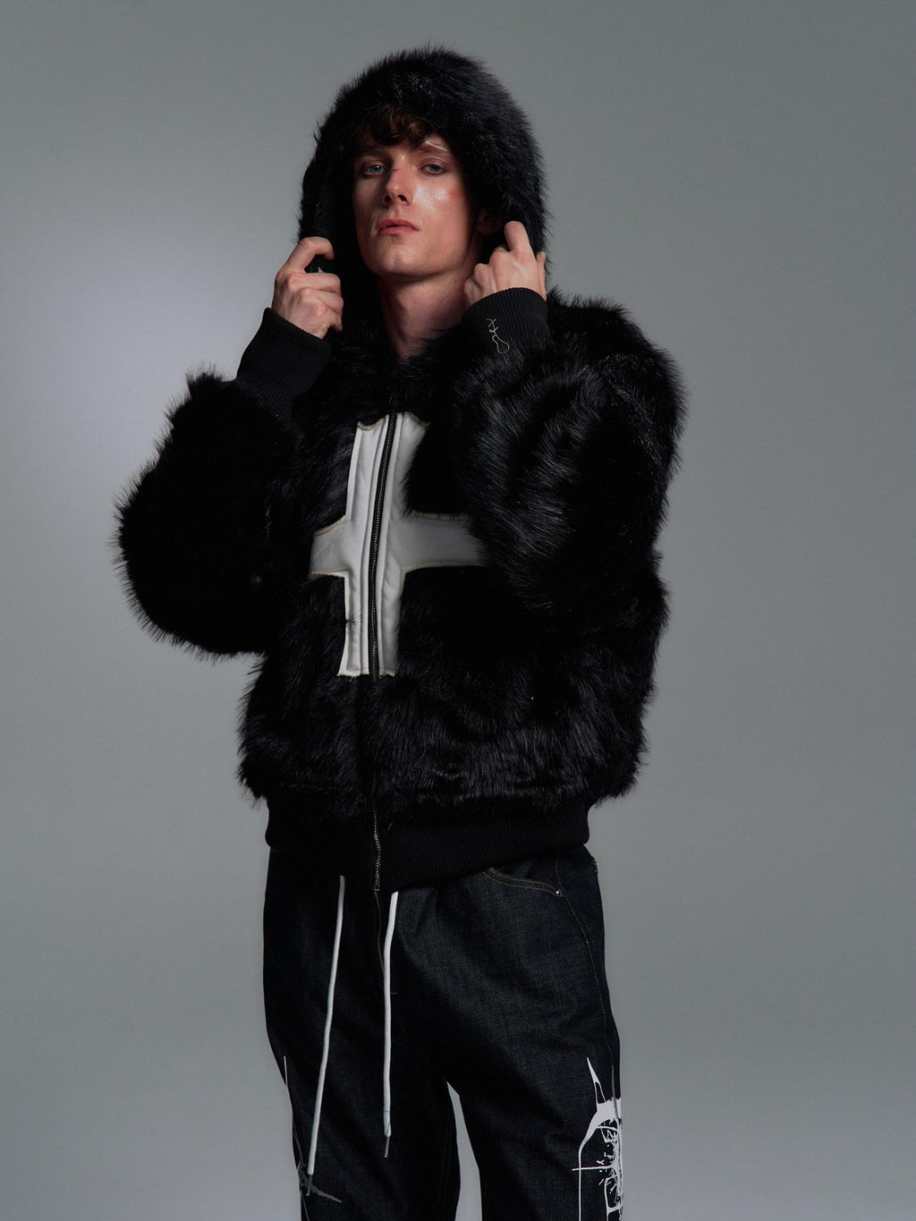 PAIKI Extra Warm Hooded Mink Trim Loose Fit Office Zip Black Cotton Puffer Jackets