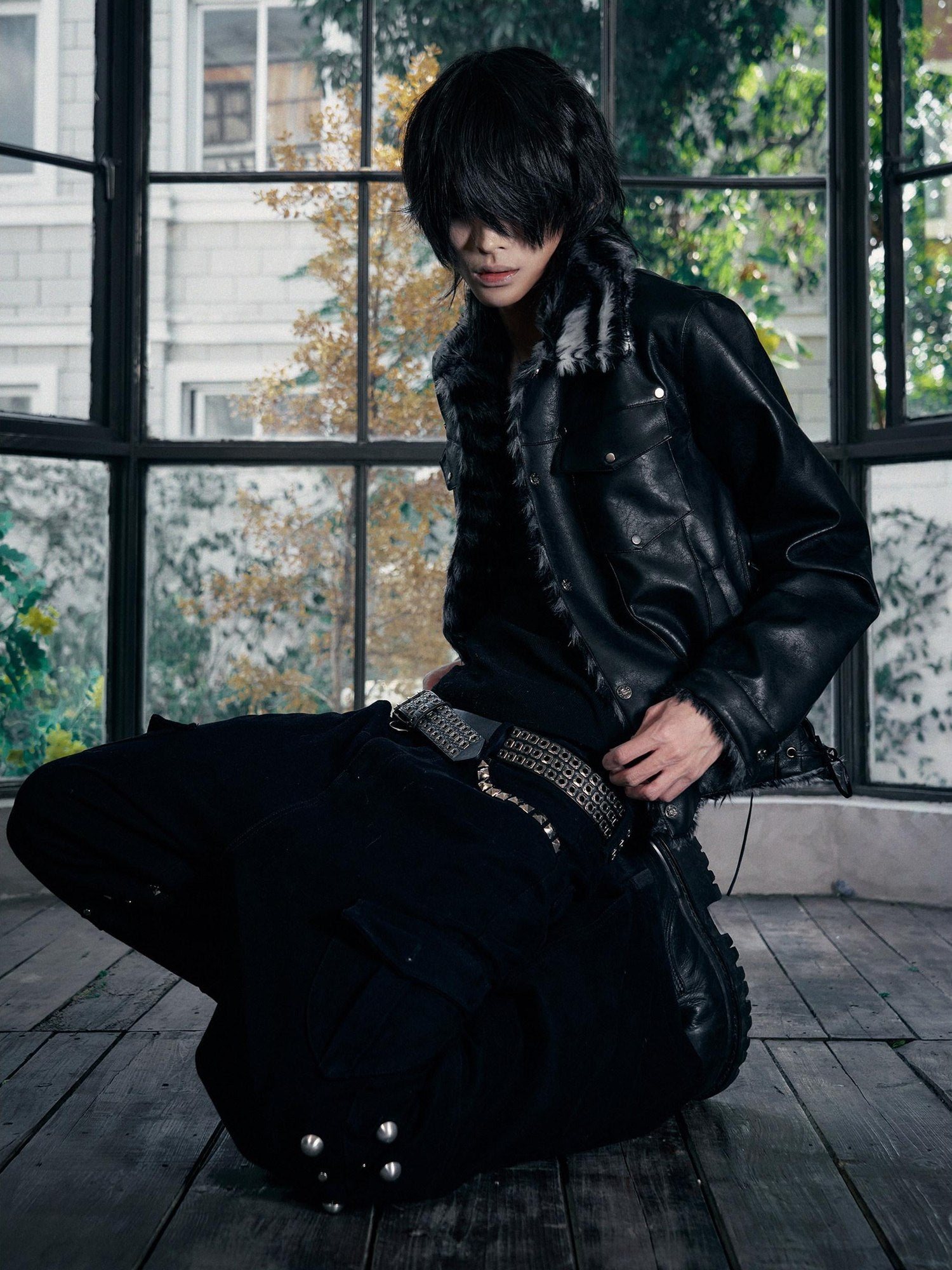PAIKI Faux Fur Collar Loose Multi Pocket Youth Black Thick Leather Jackets