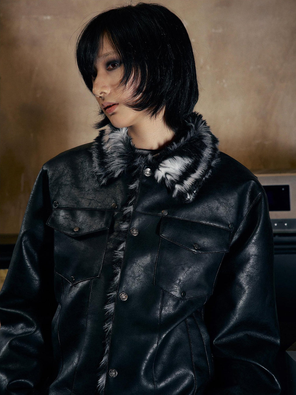PAIKI Faux Fur Collar Loose Multi Pocket Youth Black Thick Leather Jackets