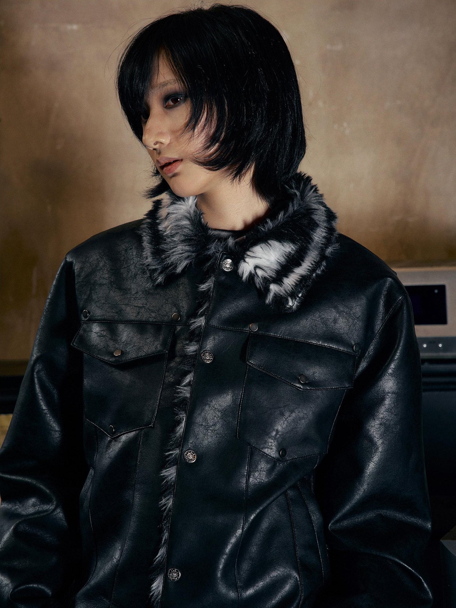 PAIKI Faux Fur Collar Loose Multi Pocket Youth Black Thick Leather Jackets
