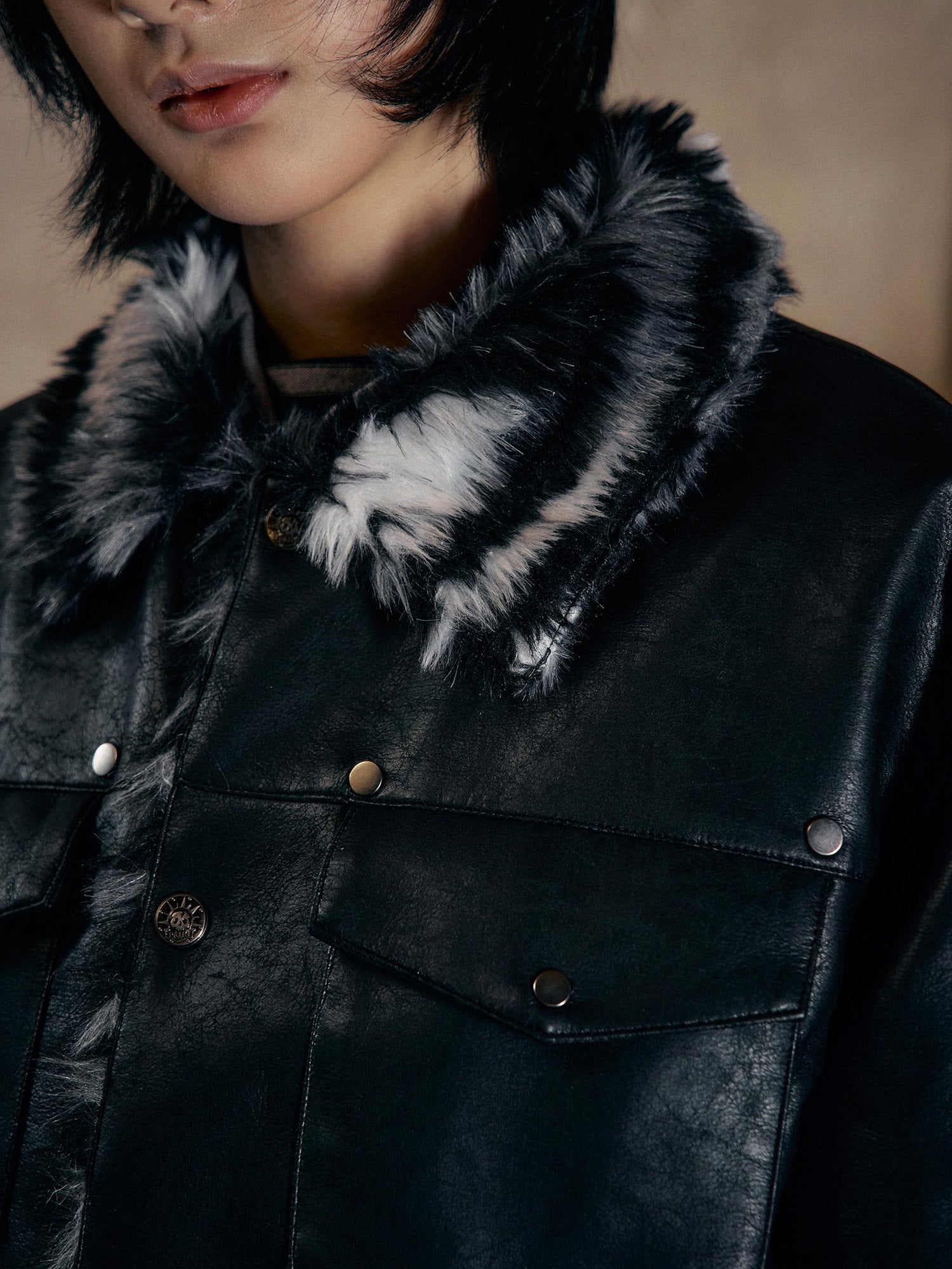 PAIKI Faux Fur Collar Loose Multi Pocket Youth Black Thick Leather Jackets