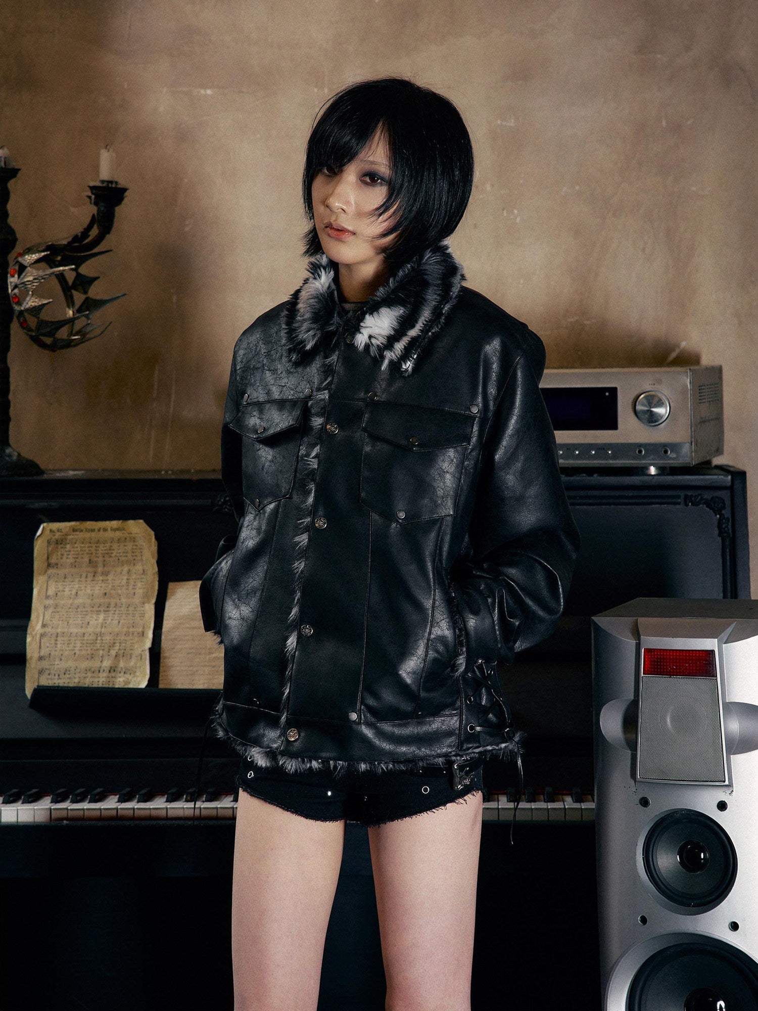 PAIKI Faux Fur Collar Loose Multi Pocket Youth Black Thick Leather Jackets