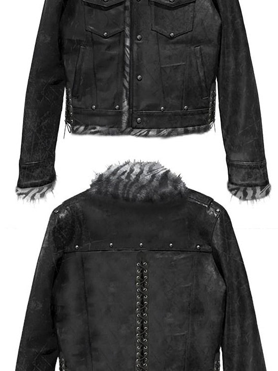 PAIKI Faux Fur Collar Loose Multi Pocket Youth Black Thick Leather Jackets