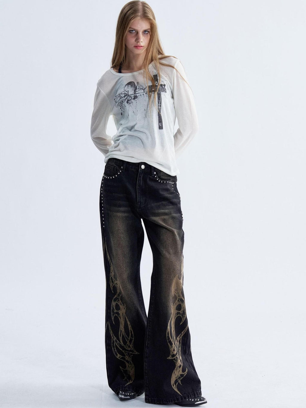 PAIKI Flame Print Studded Washed Distressed Low Rise Women's Denim Straight Jeans