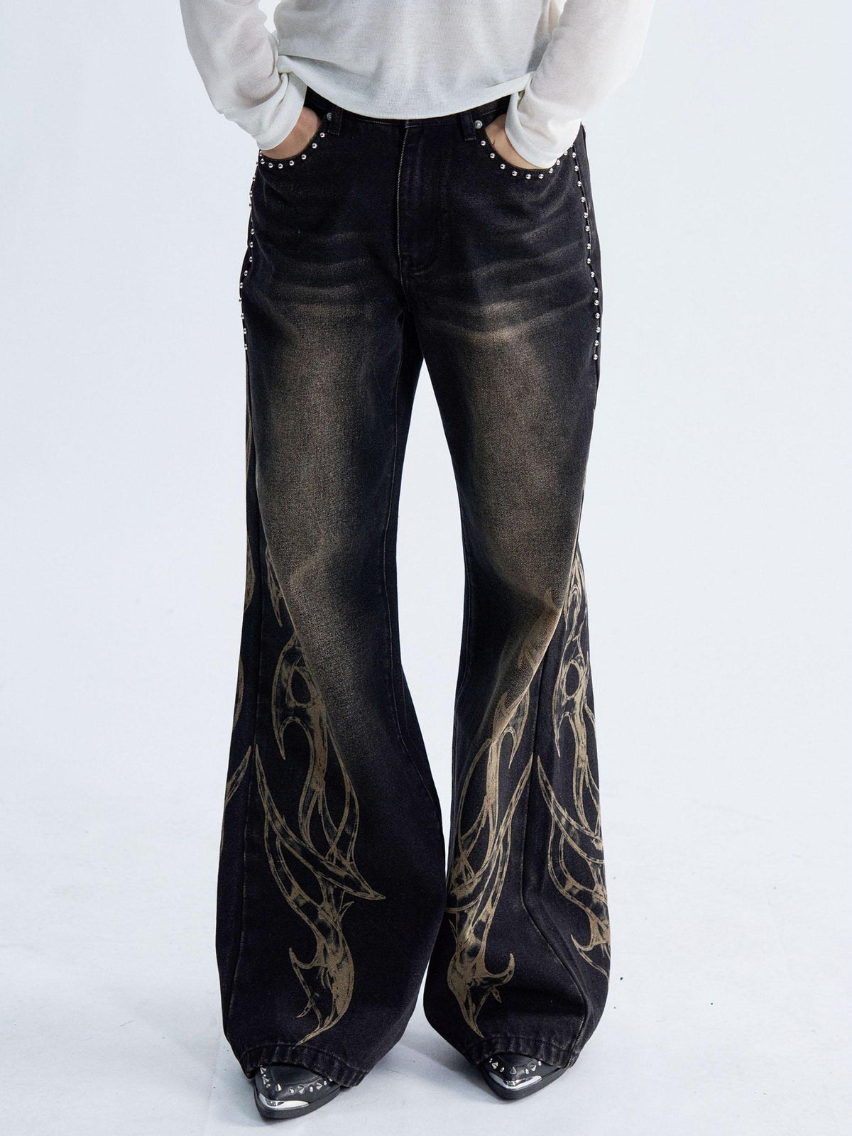 PAIKI Flame Print Studded Washed Distressed Low Rise Women's Denim Straight Jeans