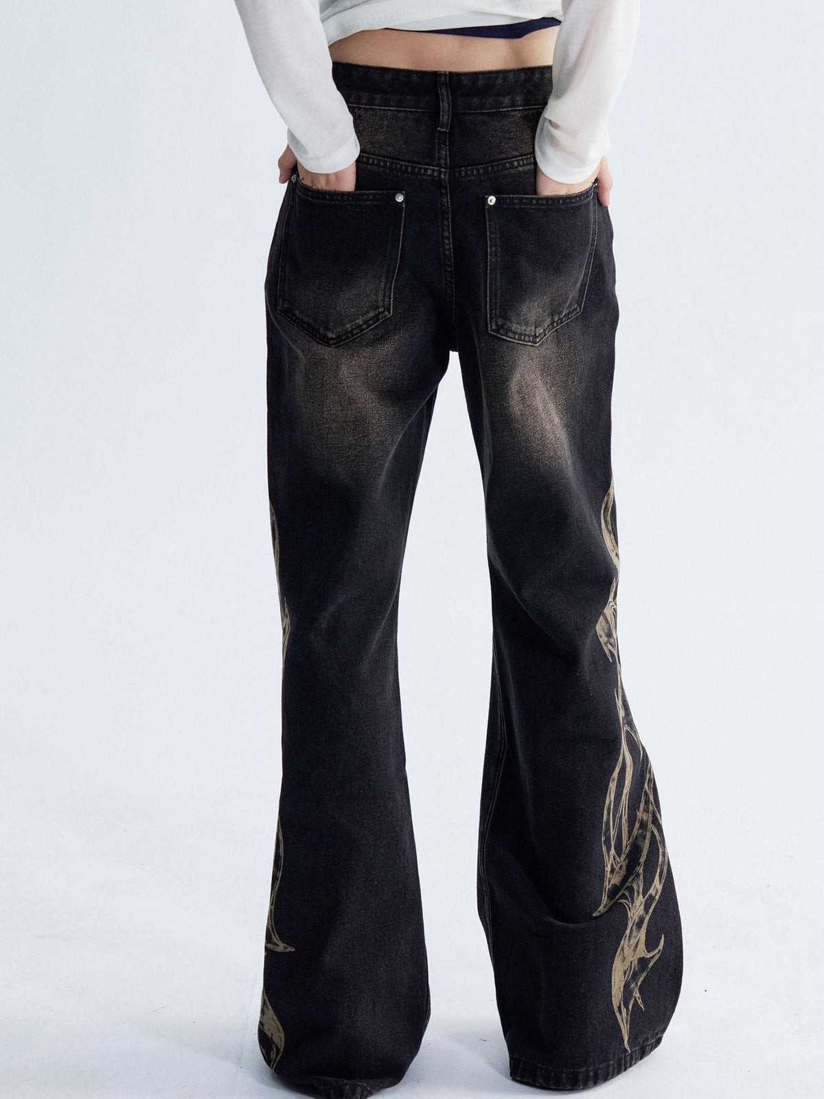 PAIKI Flame Print Studded Washed Distressed Low Rise Women's Denim Straight Jeans