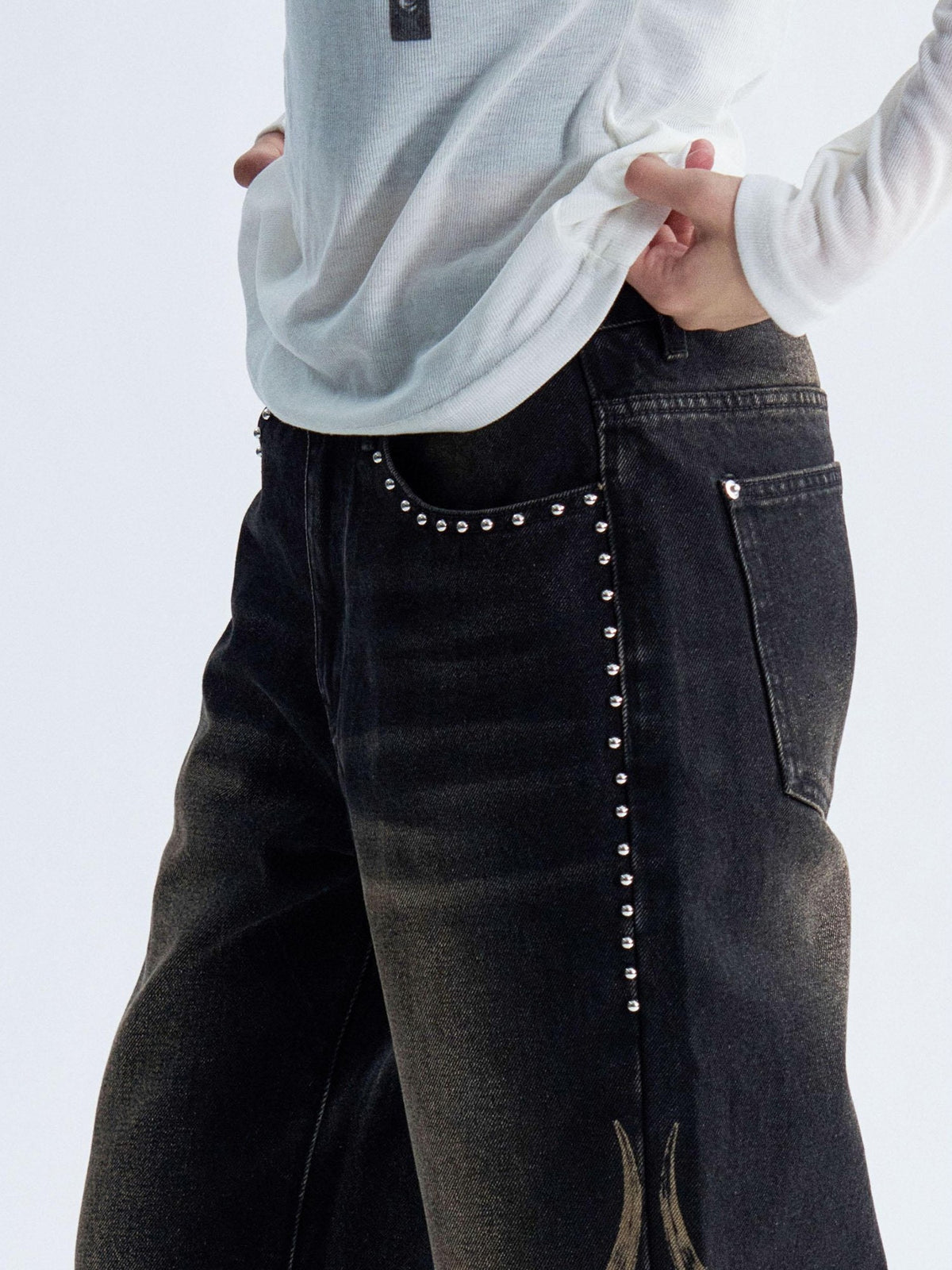 PAIKI Flame Print Studded Washed Distressed Low Rise Women's Denim Straight Jeans