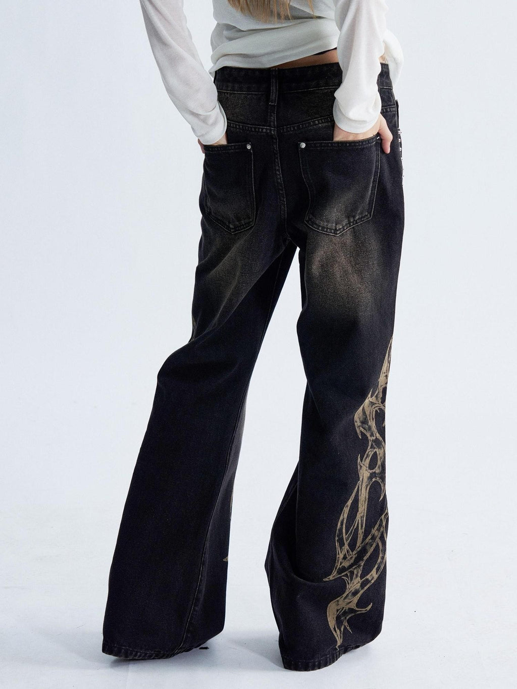 PAIKI Flame Print Studded Washed Distressed Low Rise Women's Denim Straight Jeans