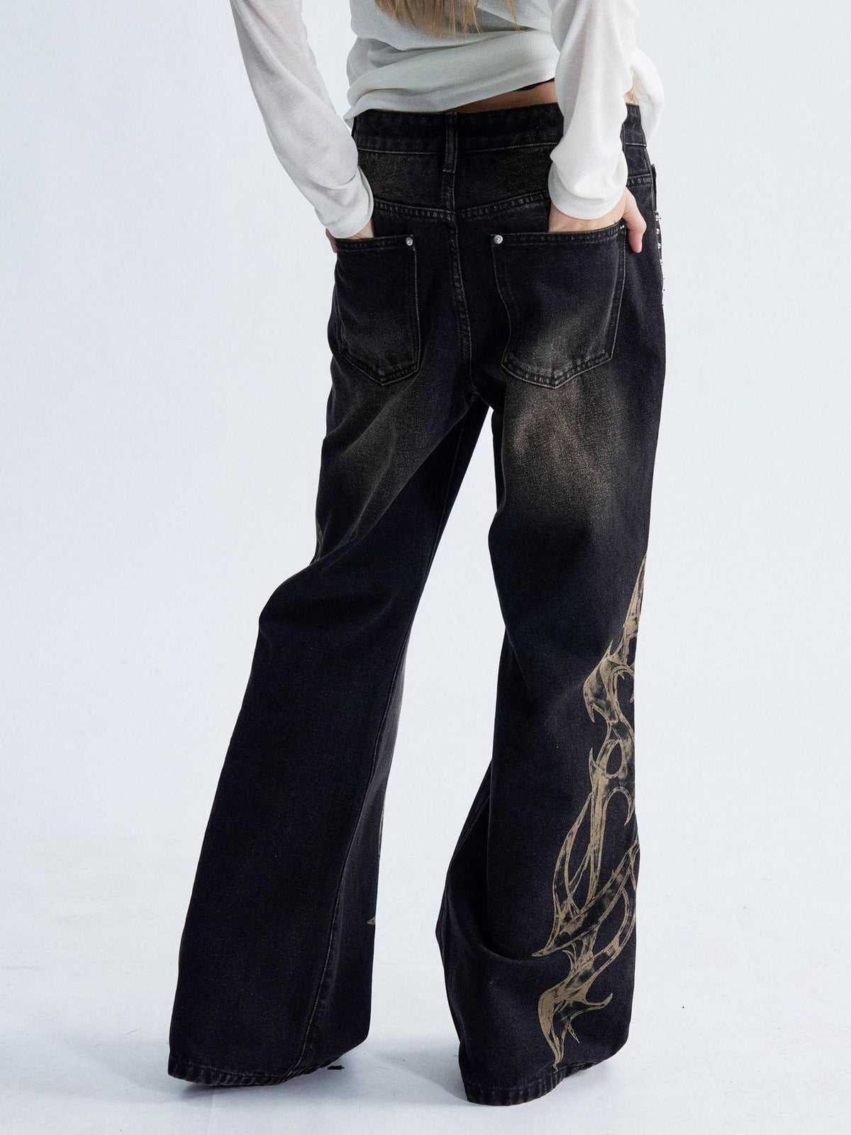 PAIKI Flame Print Studded Washed Distressed Low Rise Women's Denim Straight Jeans
