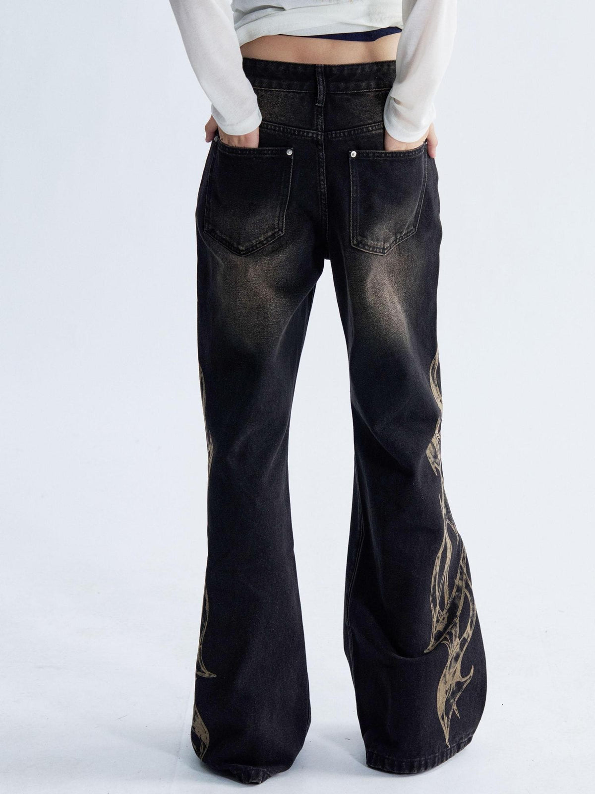 PAIKI Flame Print Studded Washed Distressed Low Rise Women's Denim Straight Jeans