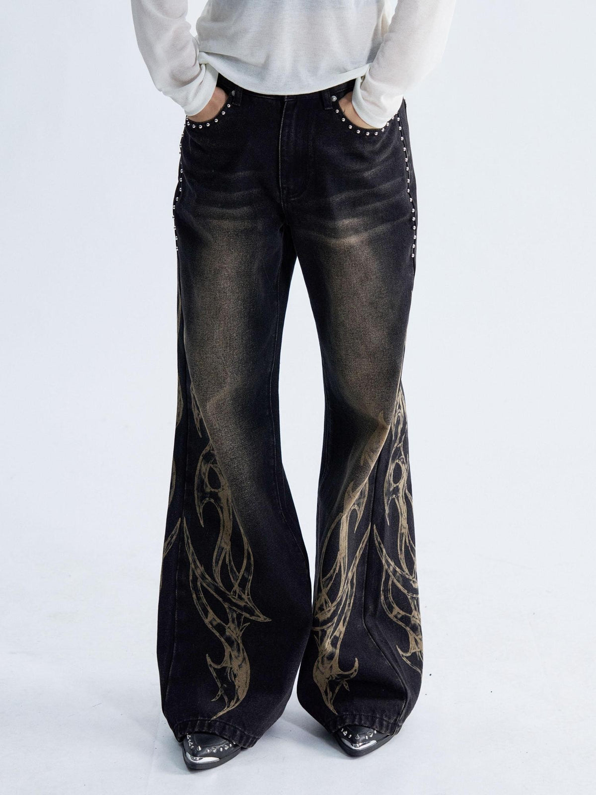 PAIKI Flame Print Studded Washed Distressed Low Rise Women's Denim Straight Jeans