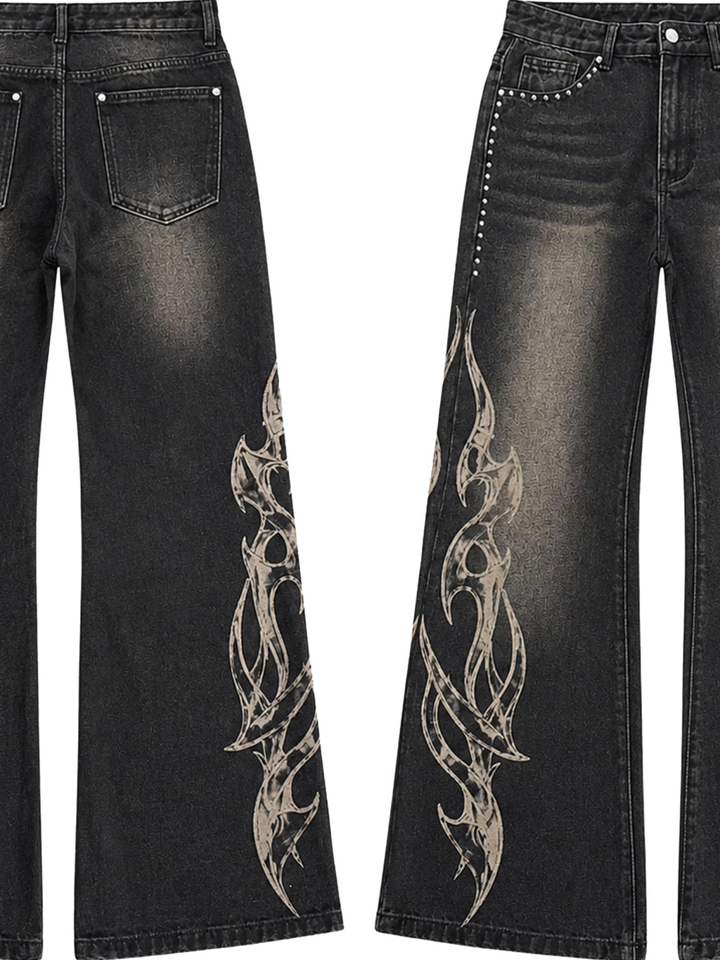 PAIKI Flame Print Studded Washed Distressed Low Rise Women's Denim Straight Jeans