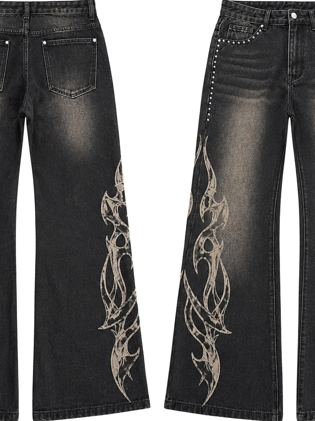 PAIKI Flame Print Studded Washed Distressed Low Rise Women's Denim Straight Jeans
