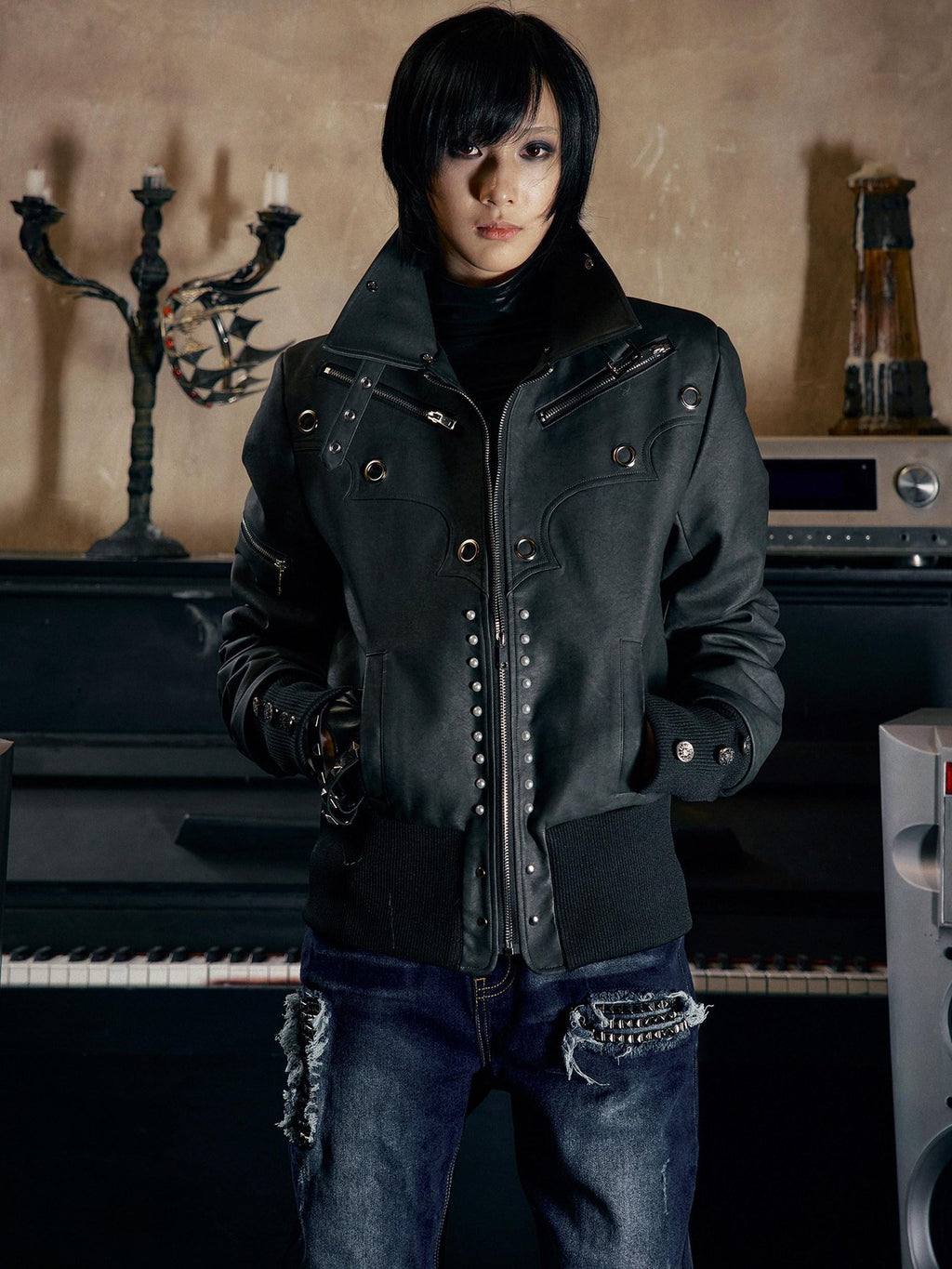 PAIKI Fleece Lined Suede Slim Fit Punk Metal Studs Men Zipper Lapel Leather Jackets