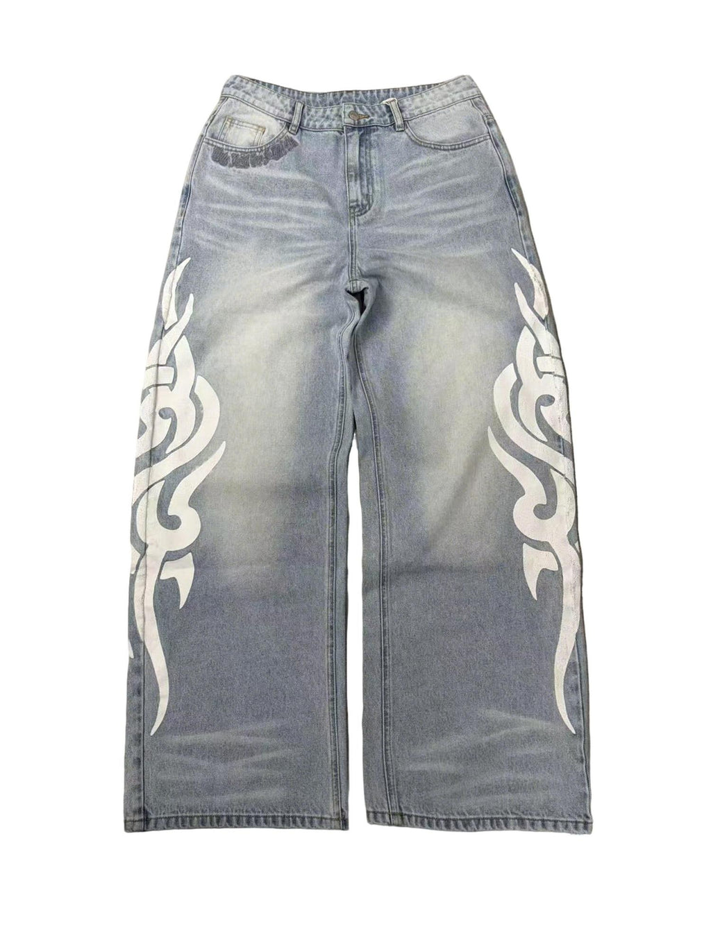 PAIKI Floral Print Low Rise Button Fly Cotton Blue Slight Stretch Straight Jeans