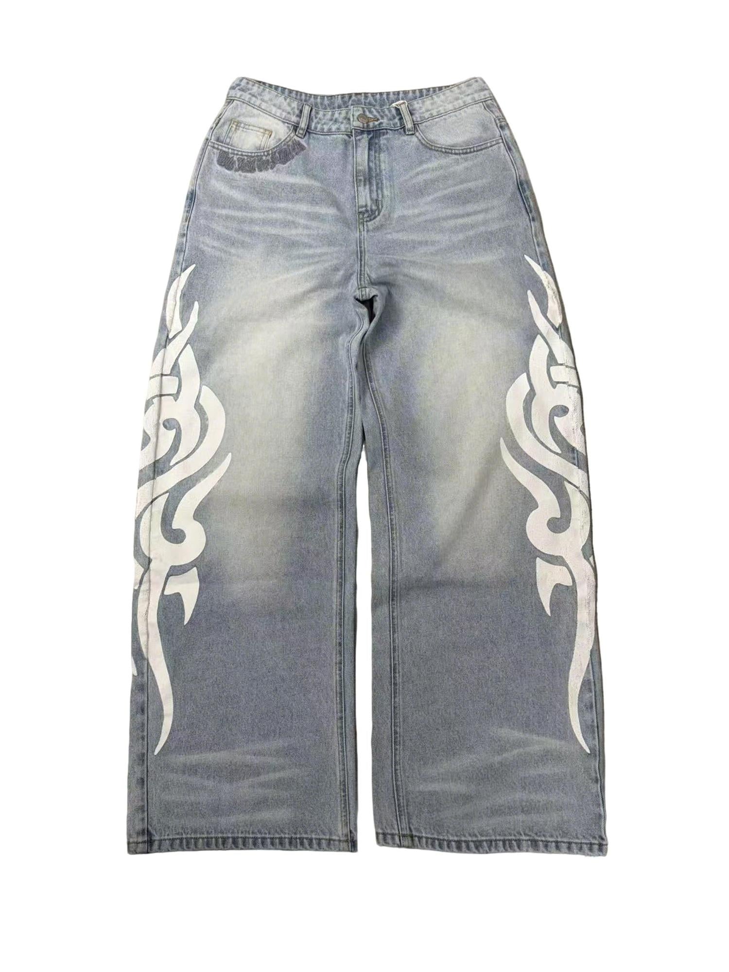 PAIKI Floral Print Low Rise Button Fly Cotton Blue Slight Stretch Straight Jeans