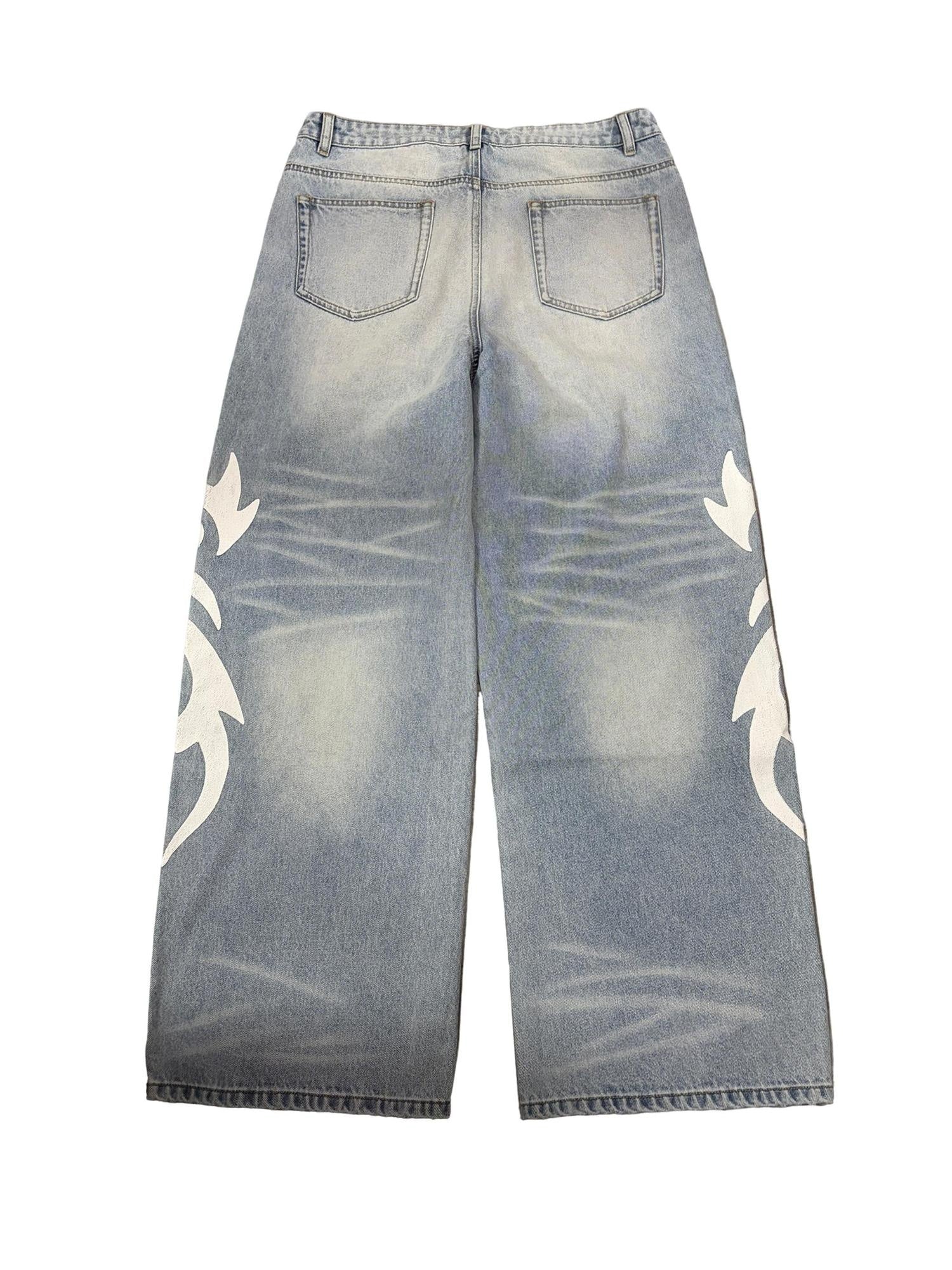 PAIKI Floral Print Low Rise Button Fly Cotton Blue Slight Stretch Straight Jeans