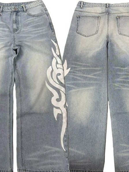 PAIKI Floral Print Low Rise Button Fly Cotton Blue Slight Stretch Straight Jeans
