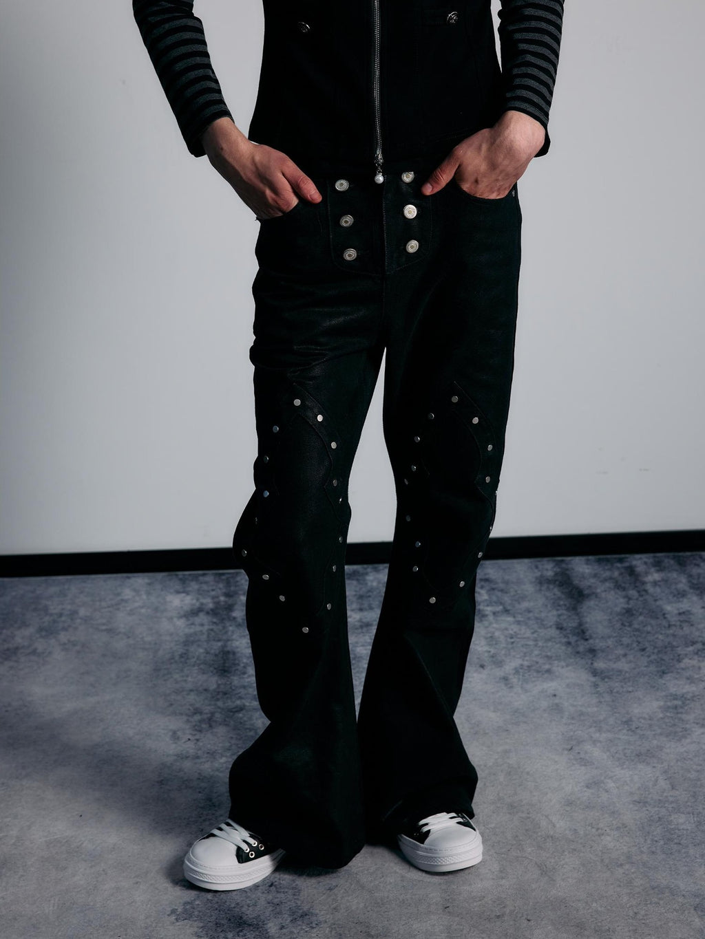 PAIKI Geometric Rivet Coated High Waist Women's Slim Fit Bootcut Jeans
