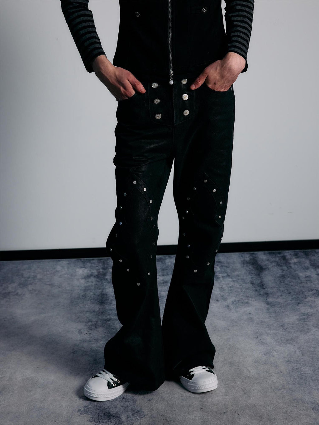 PAIKI Geometric Rivet Coated High Waist Women's Slim Fit Bootcut Jeans