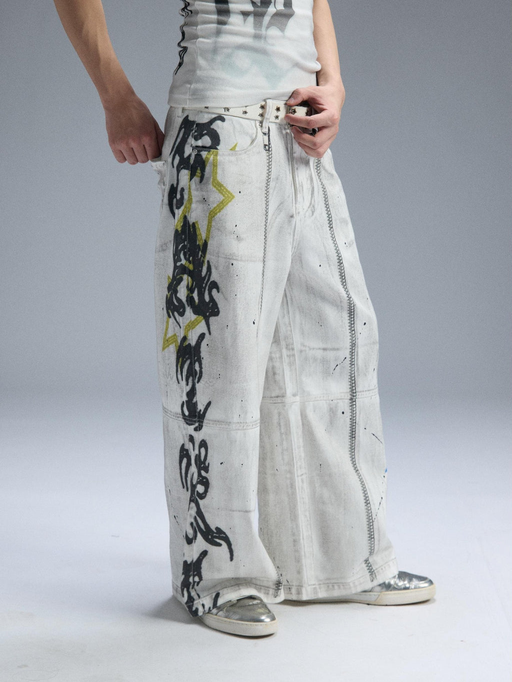 PAIKI Graphic Letter Print Distressed Loose Wide Leg Women's Cotton Chinos