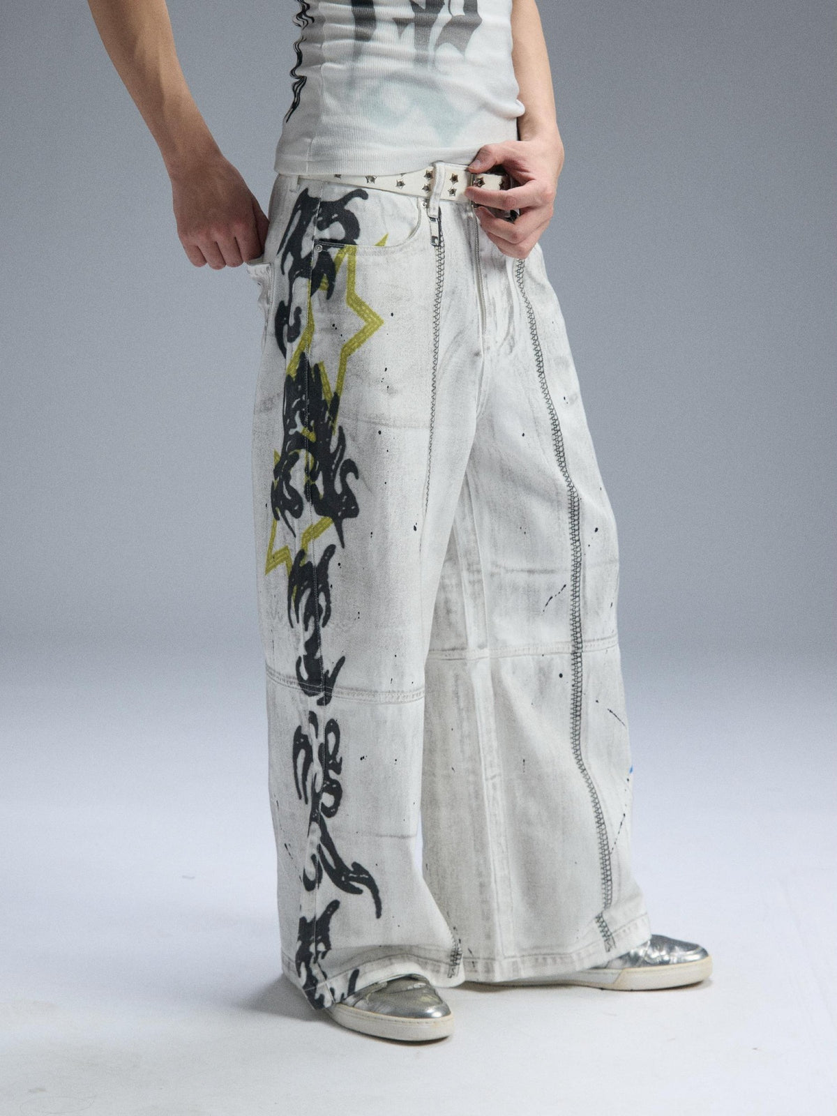 PAIKI Graphic Letter Print Distressed Loose Wide Leg Women's Cotton Chinos