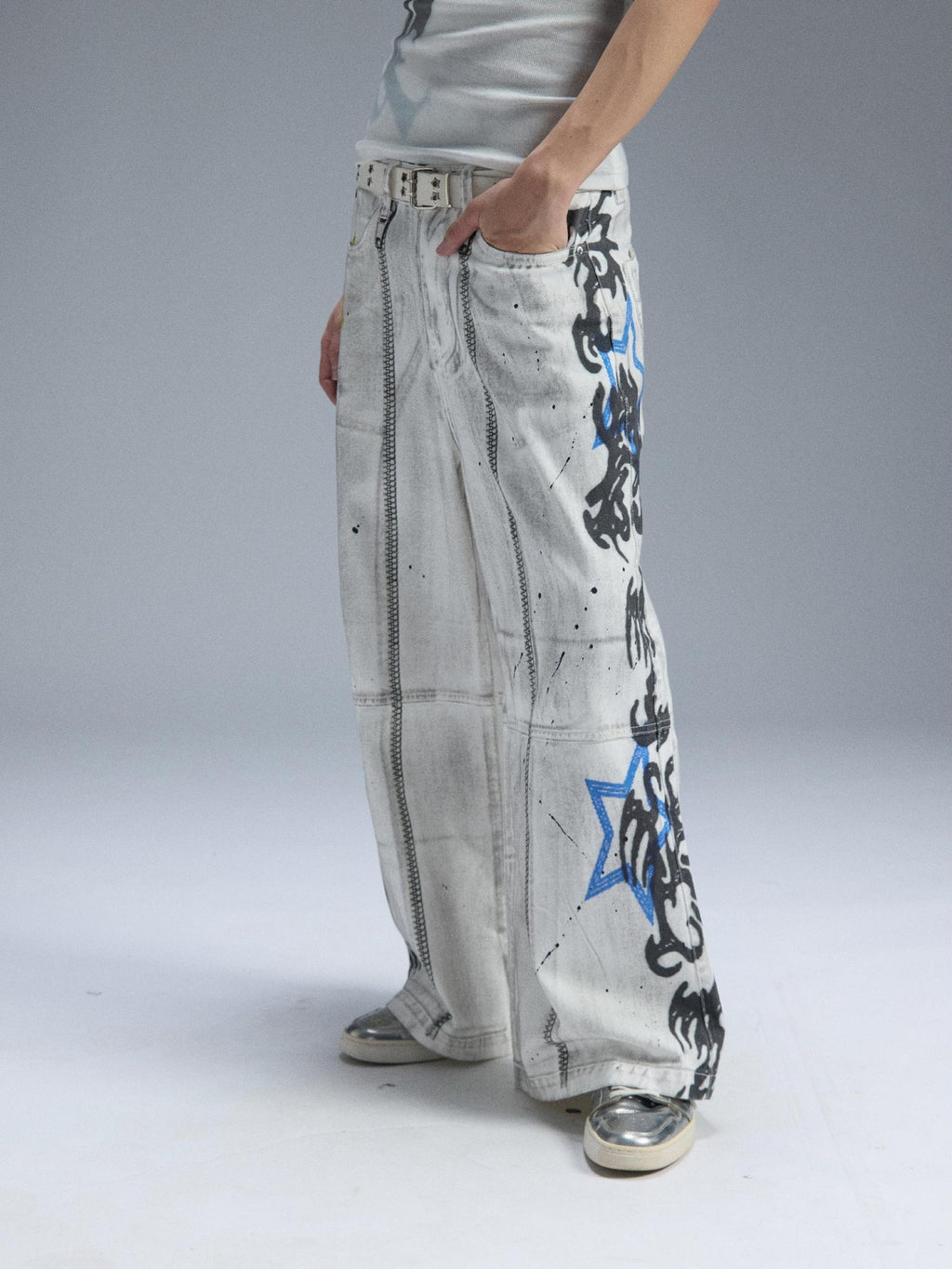 PAIKI Graphic Letter Print Distressed Loose Wide Leg Women's Cotton Chinos