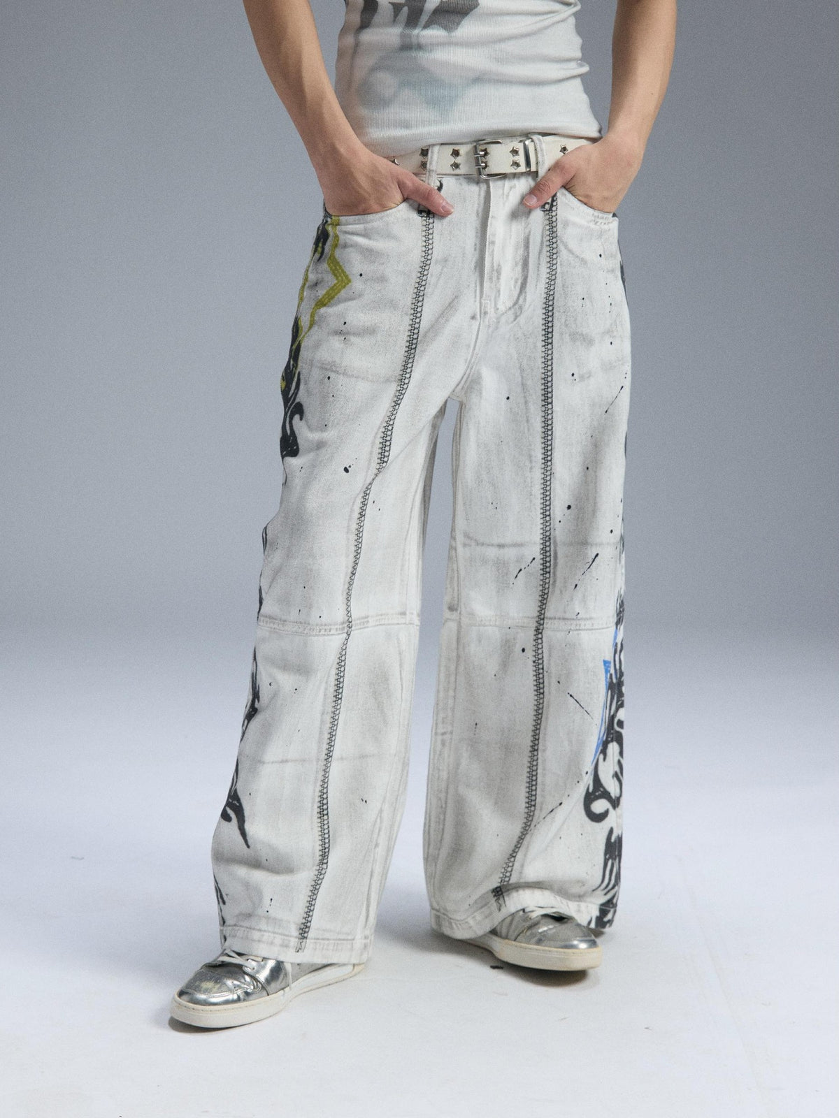 PAIKI Graphic Letter Print Distressed Loose Wide Leg Women's Cotton Chinos